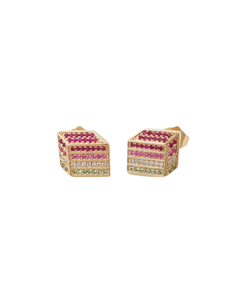 Thumbnail: Rainbow Lapis x Iced Gems - 14k Solid Yellow Gold Studs