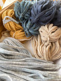 cut wool strips for  rug hooking, blue, golden yellow, beige and light blue gray wool