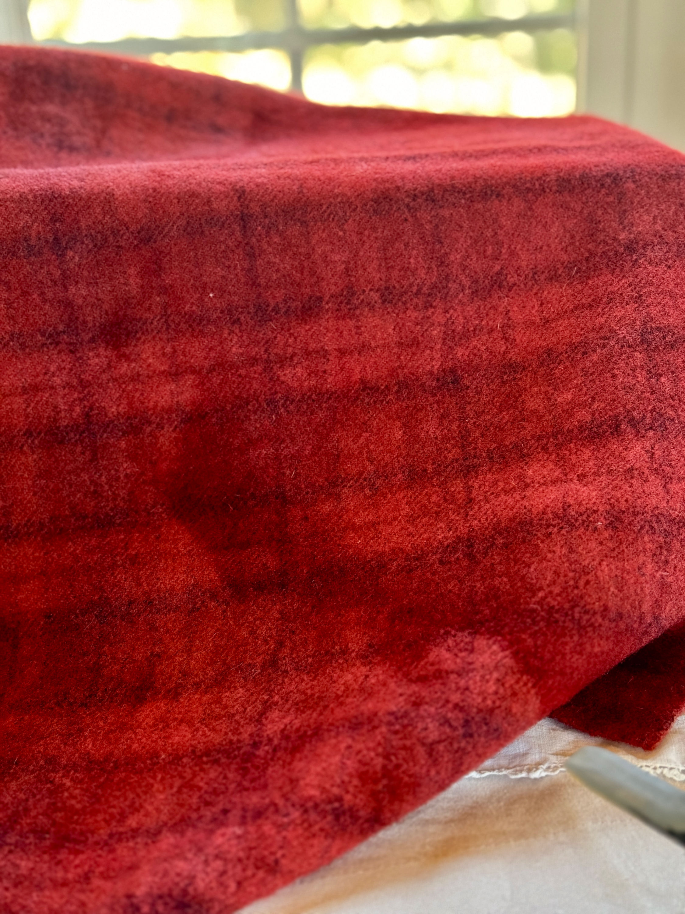 Red plaid hand dyed wool fabric for rug hooking