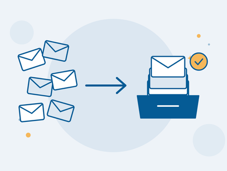 Illustration of scattered emails becoming a neat, organised inbox tray