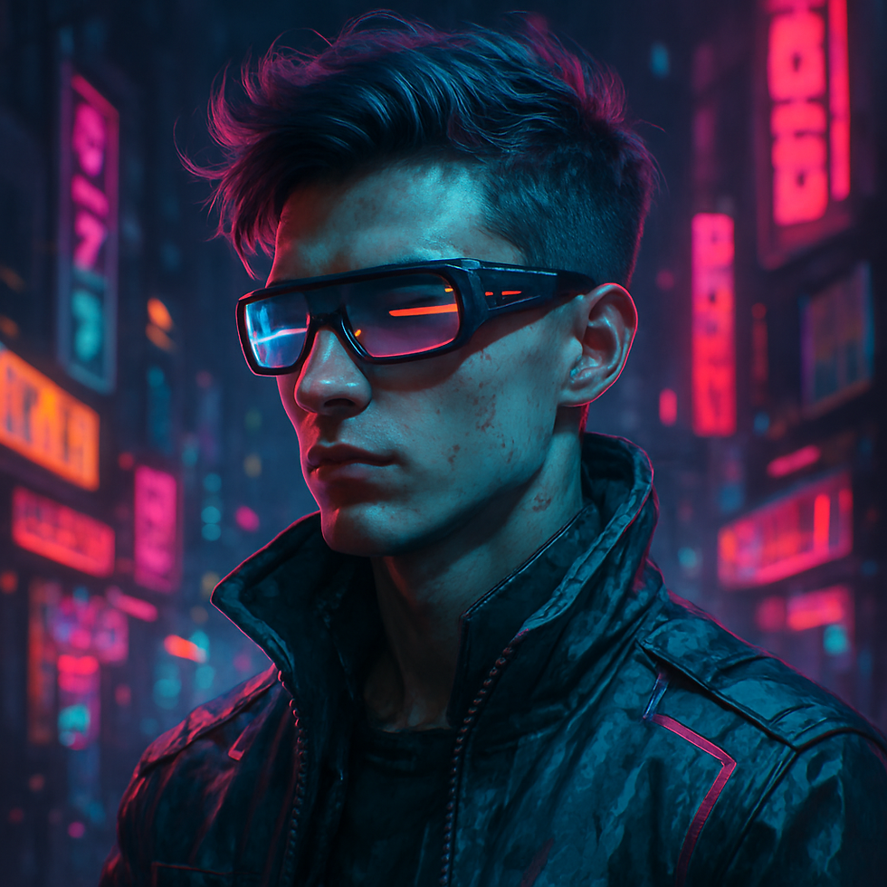 Caucasian Cyberpunk Hero Futuristic Neon City Portrait