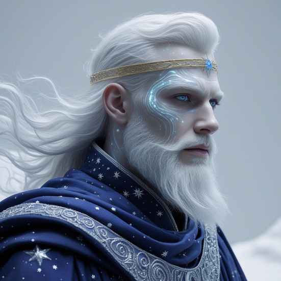 An ethereal white-haired character with glowing blue eyes and celestial markings, wearing a deep blue starry cloak a mystical and wise VIP 12 profile image.