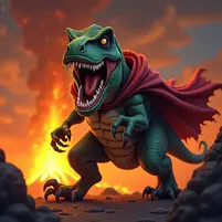 Evil T-Rex background volcano erupting. Angry dinosaur