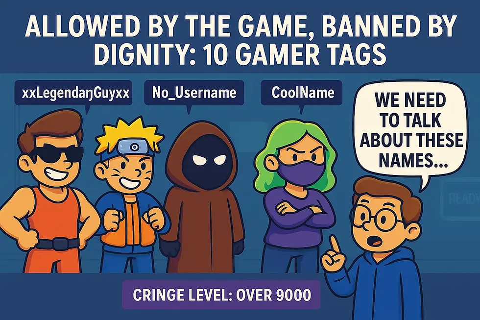 Cartoon showing five gaming avatars with over-the-top gamer tags like 'xxLegendaryGuyxx' and 'No_Username'. One character, named 'CoolName', points at them with a speech bubble saying: 'We need to talk about these names…'. The top text reads: 'Allowed by the Game, Banned by Dignity: 10 Gamer Tags', with a banner at the bottom saying 'Cringe Level: Over 9000'