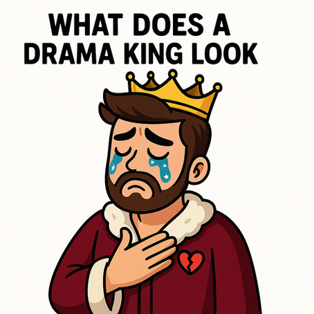 Cartoon-style illustration of a dramatic man wearing a golden crown and burgundy robe with a broken heart pin, crying sparkling blue tears, holding one hand to his chest, with the text above reading 'What Does a Drama King Look Like?' on a white background.