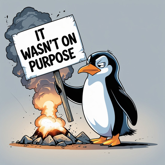 A cartoon penguin holding a sign that says “It wasn’t on purpose” while standing next to a smoking meteor crater : a humorous and innocent-looking VIP 12 profile image.
