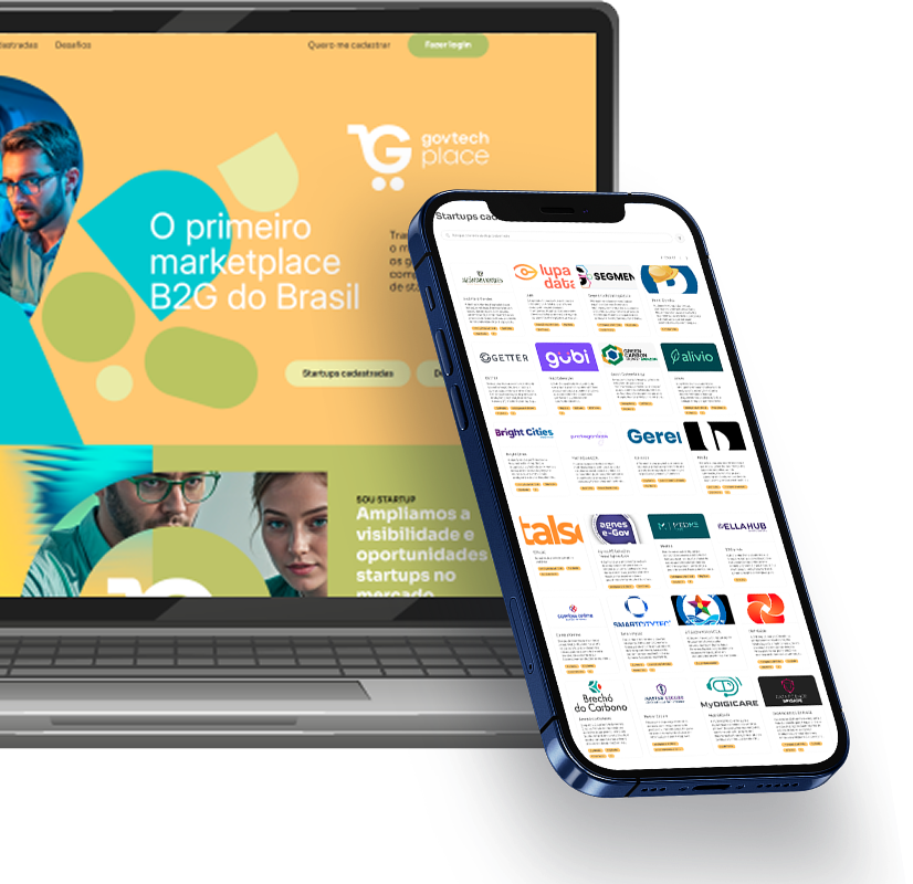 Mockup simulando a página da GovTech Place em um notebook e em um smartphone