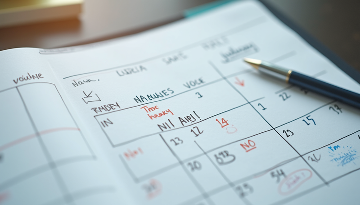 Eye-level view of a calendar with marked dates and notes for quarterly planning