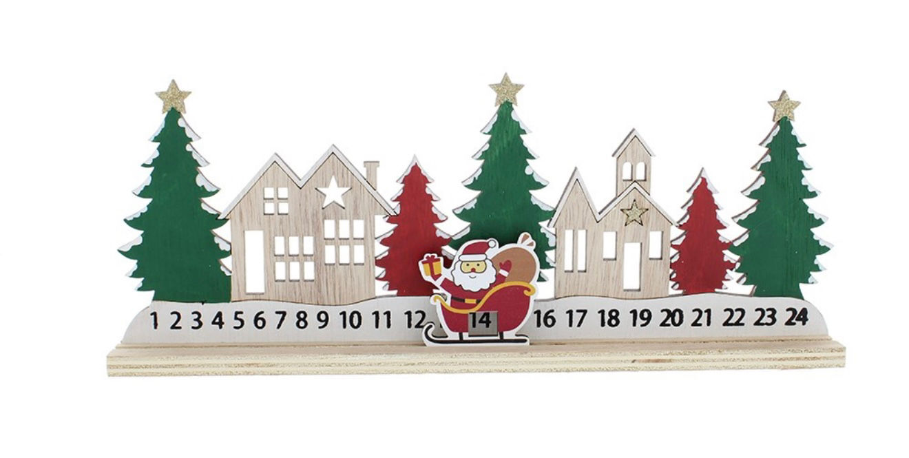 30CM RED AND GREEN WOODEN ADVENT CALENDAR WITH SANTA