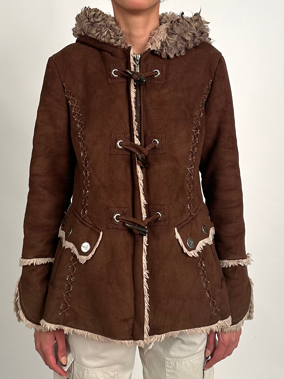 Miniatura: 00s Esprit Brown Faux Fur Suede Afghan Short Coat with Hood