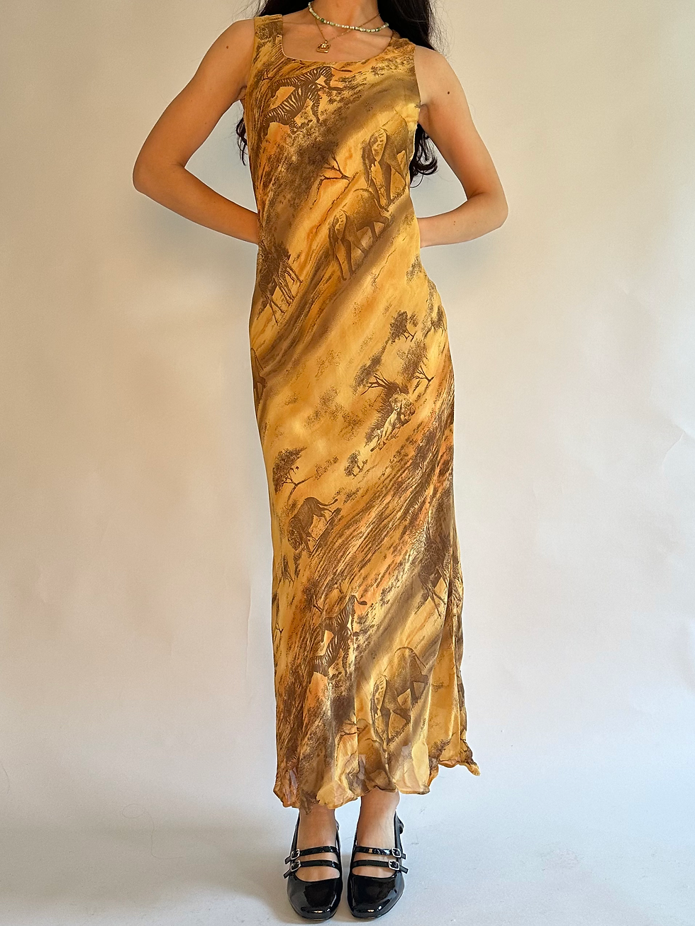 Miniaturbild: 00s Rabbit Safari Animal Print Yellow Gold & Brown Mesh Flowy Midi Maxi Dress