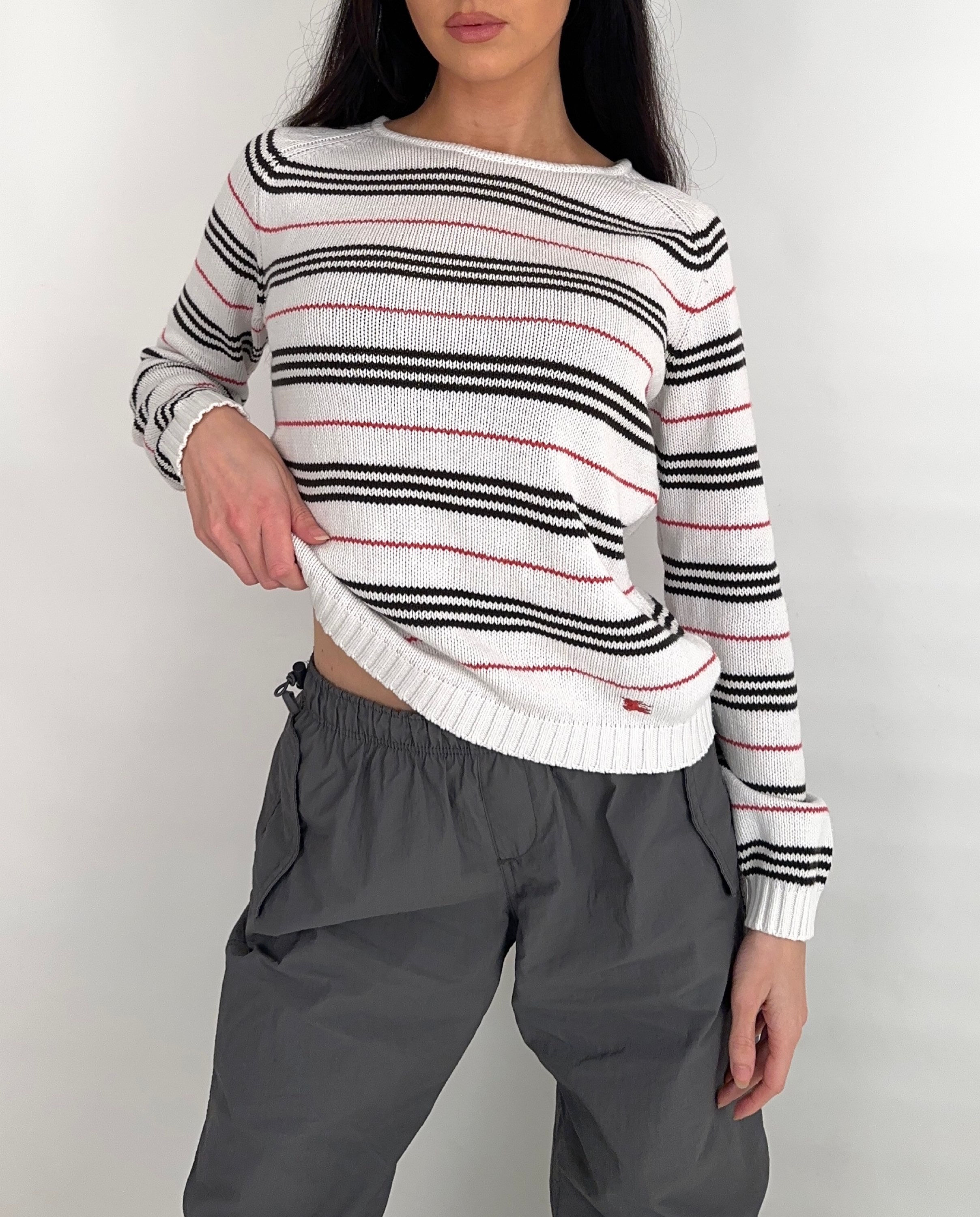 Burberry White Stripe Slash Neck Knit Jumper