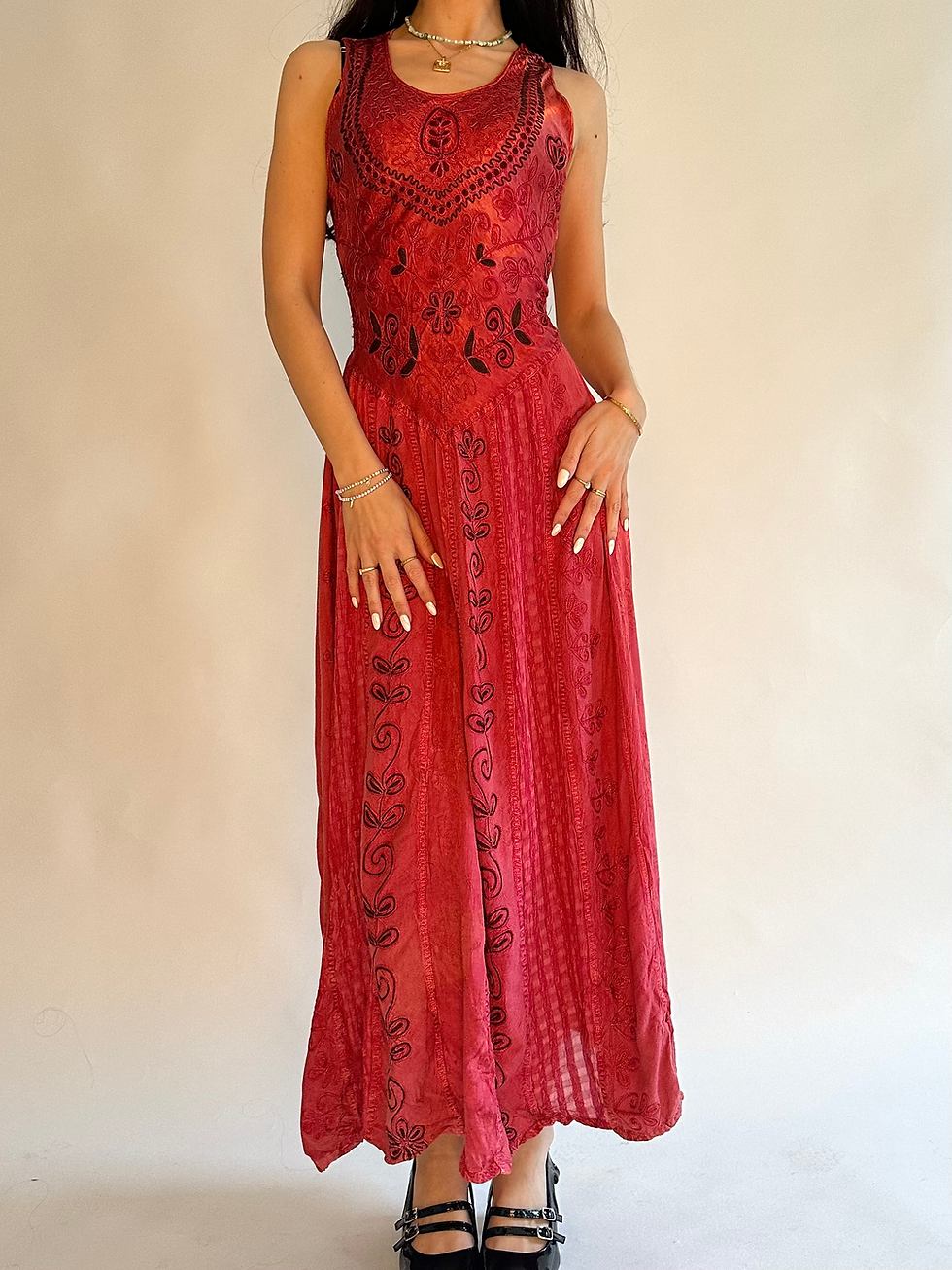 Miniaturbild: 00s Fabulous Pink Embroidered Sleeveles Flowy Midi Maxi Dress