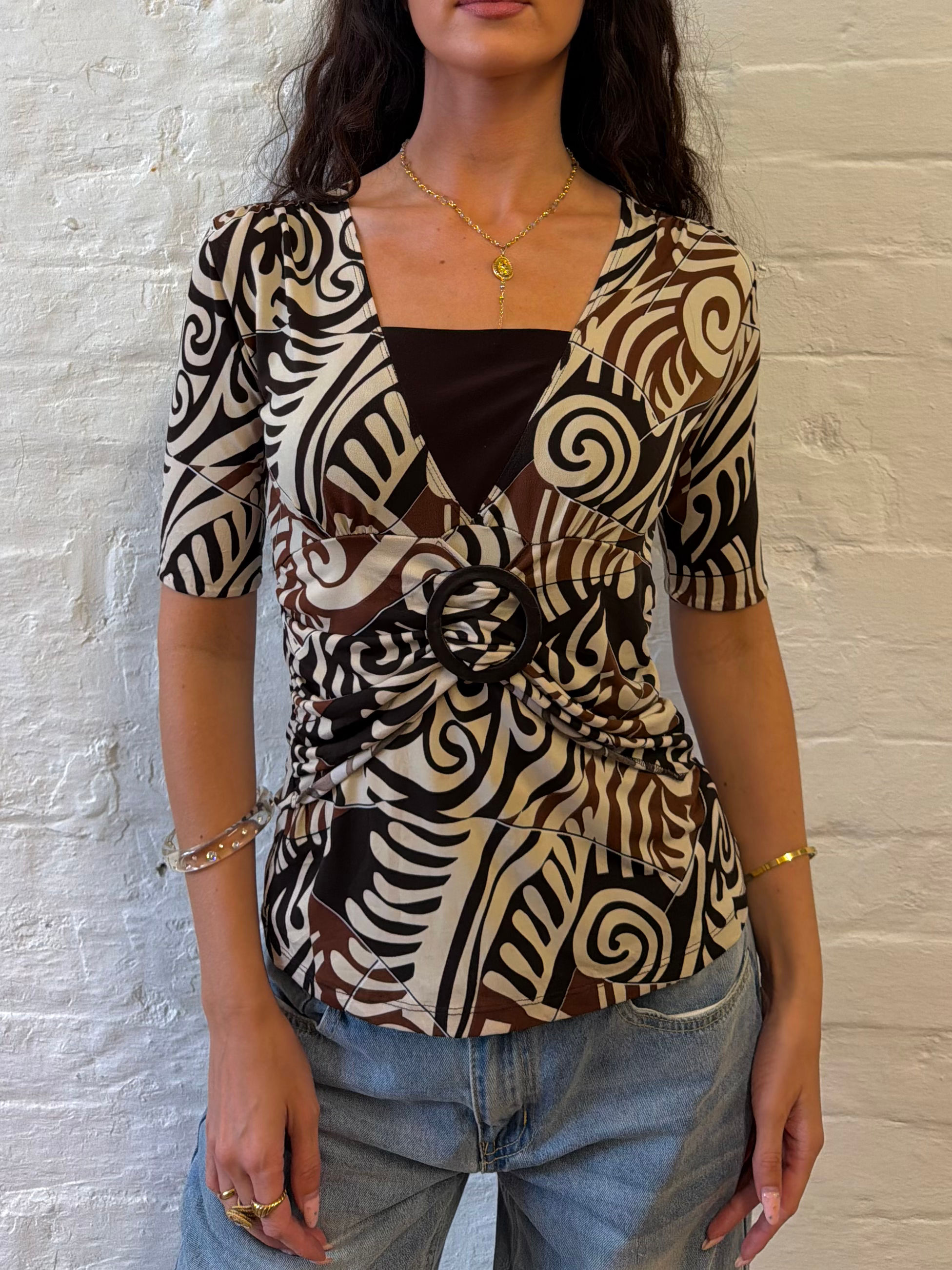 Vintage Y2K 70s Sushi Flower Abstract O Ring Ruched Top | Size Small