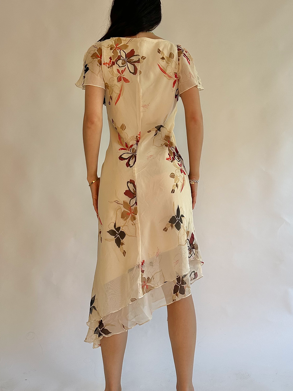 Miniature : 00s F.L.P. Cream Floral Mesh Flowy Asymmetrical Hem Midi Dress