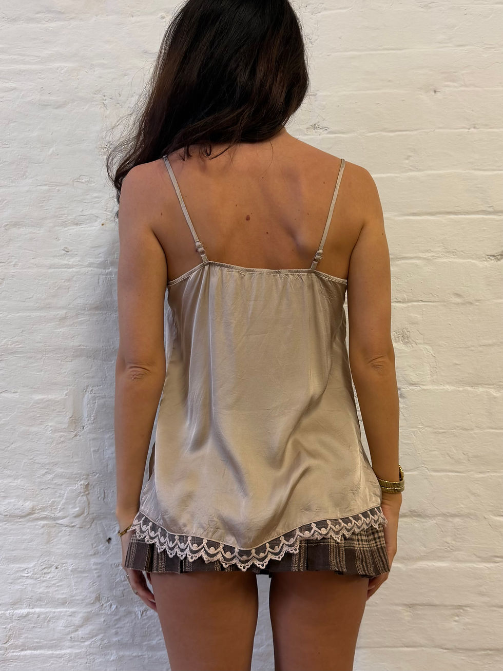 Miniaturbild: Vintage Linea Tesini Beige Champagne Satin Lace Trim Cami Top UK 10