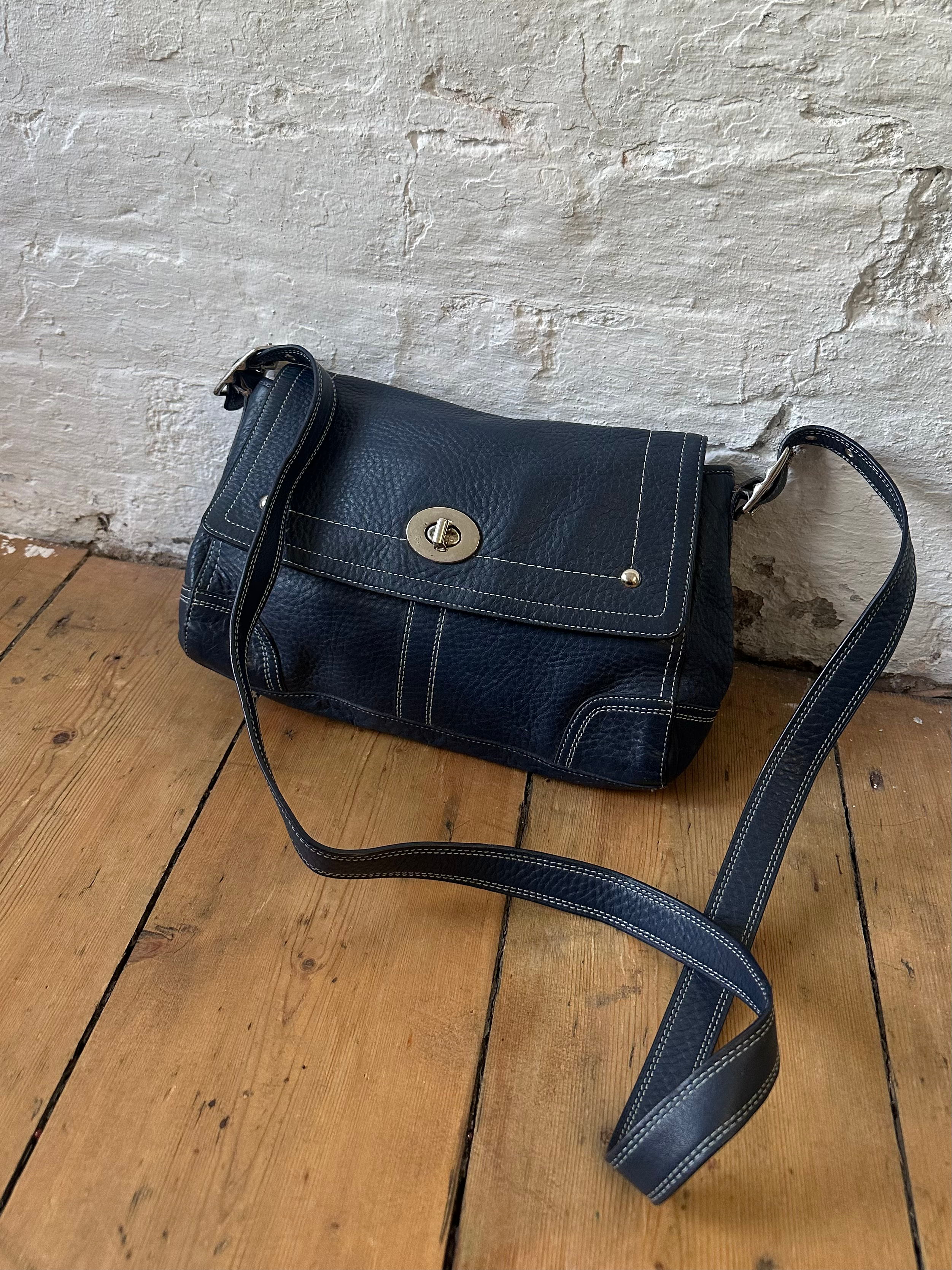 00s Coach Navy Blue Genuine Leather Flap Over Crossbody Bag with Stitch Detail