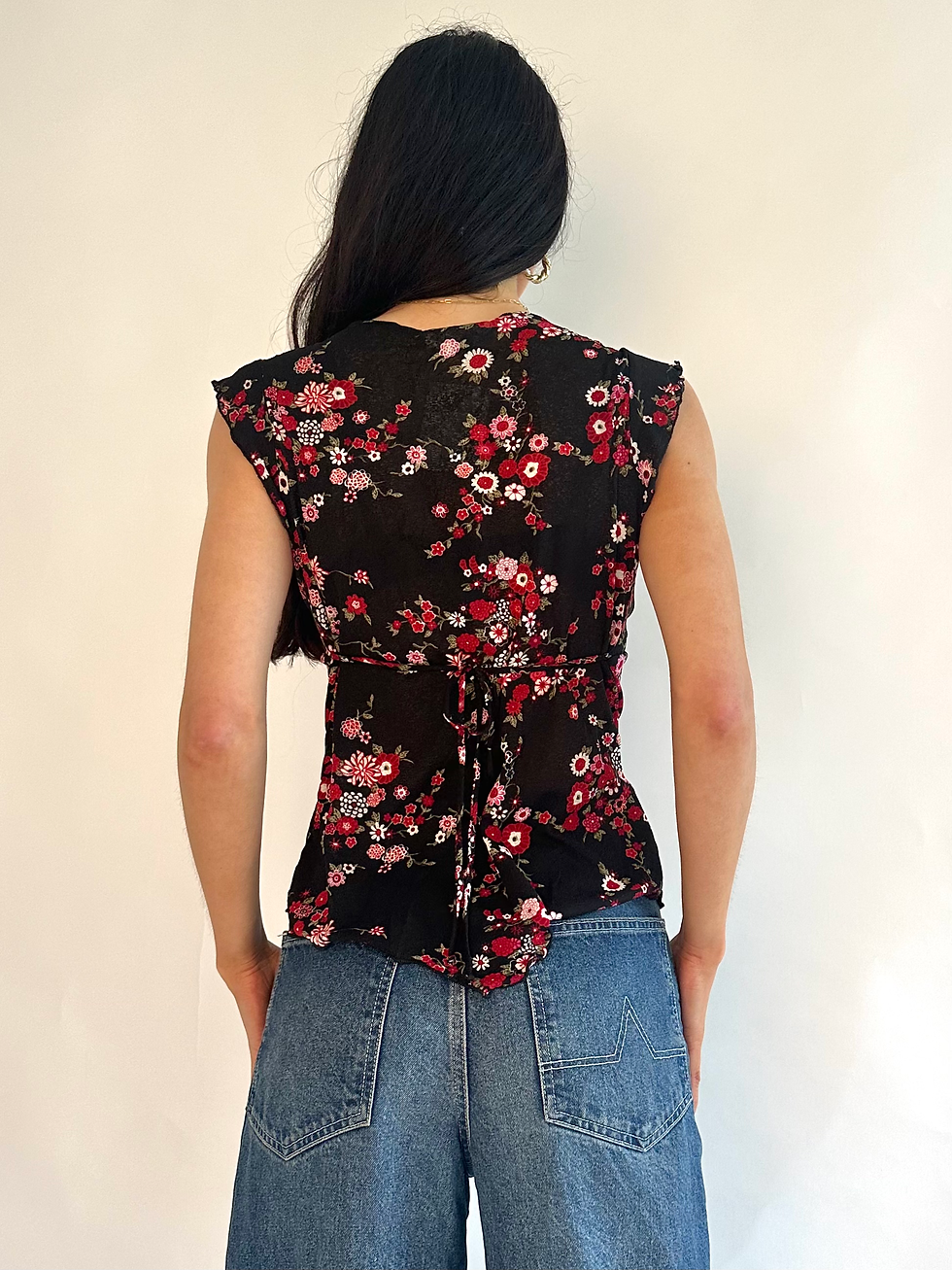 Thumbnail: 00s Black, Pink & White Floral Mesh V Neck Tie Waist Handkerchief Blouse Top