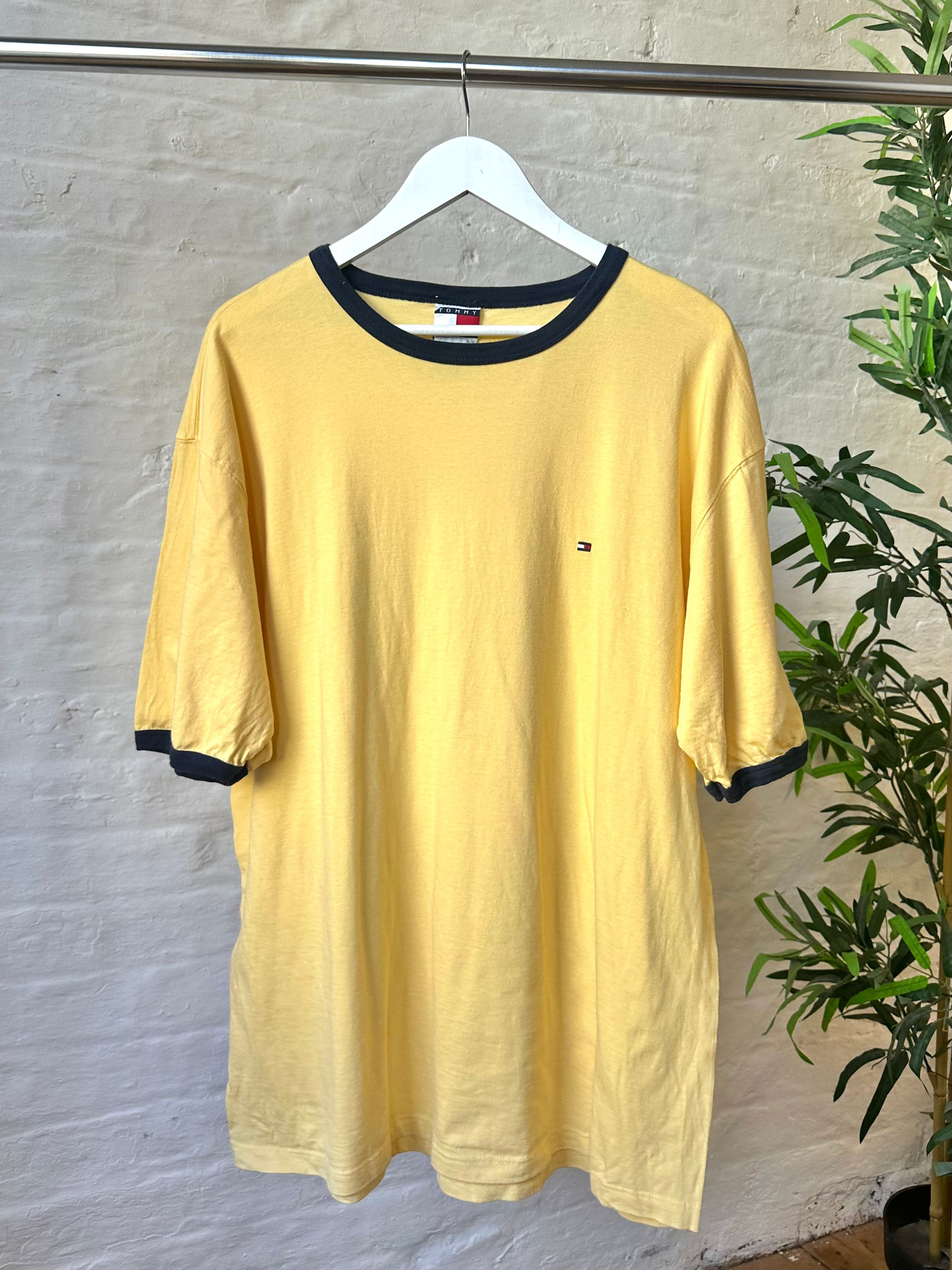 90s Tommy Hilfiger Embroidered Flag Yellow & Navy Ringer Short Sleeve T-Shirt