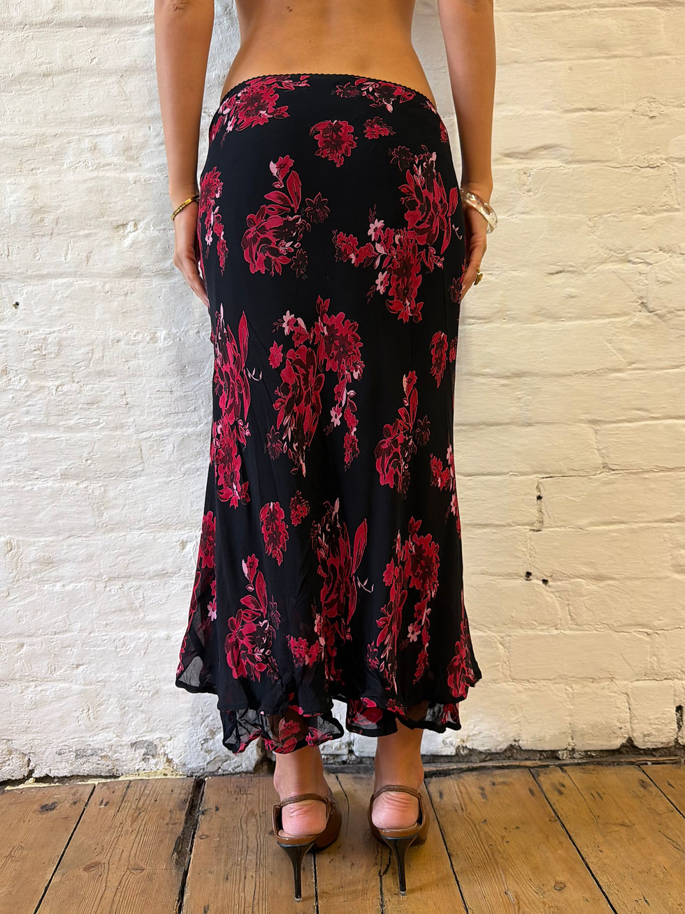 Thumbnail: Vintage Y2K Style & Co Black & Pink Floral Mesh Low Rise Midi Skirt - UK 12 P
