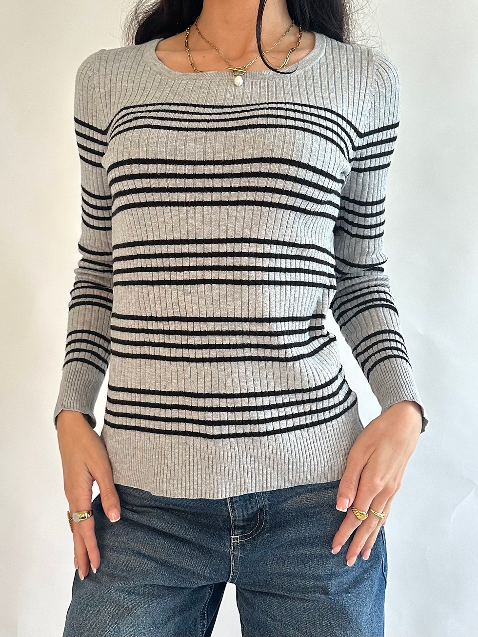 Miniaturbild: 00s George Grey & Black Stripe Ribbed Jumper
