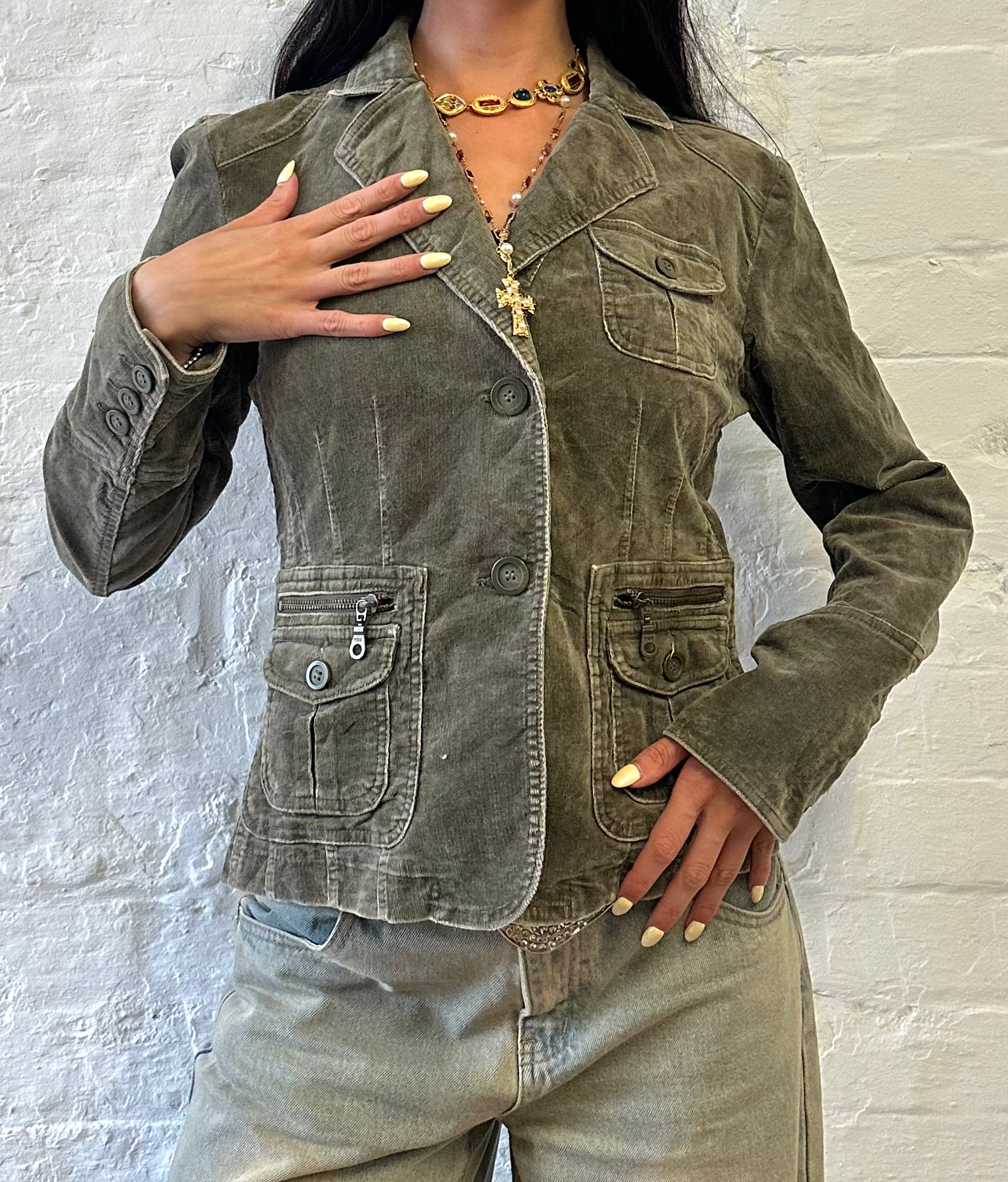 INC International Concepts 00s Khaki Green Corduroy Pocket Blazer Jacket