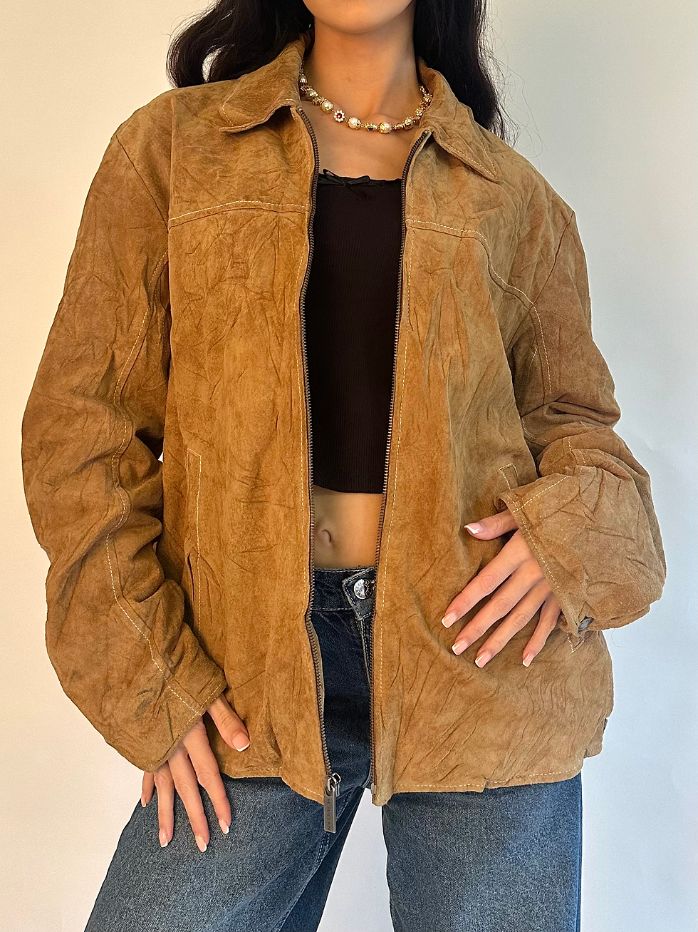 Miniatyrbild: 90s Wilson’s Leather Genuine Leather Tan Suede Bomber Jacket with Collar