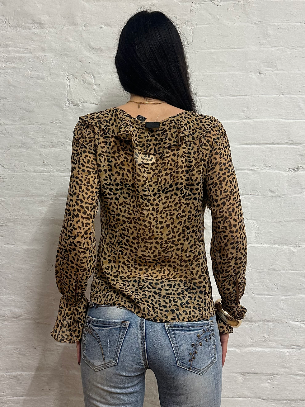 Thumbnail: 00s INC Brown & Black Leopard Print Long Sleeve Mesh Silk Blouse