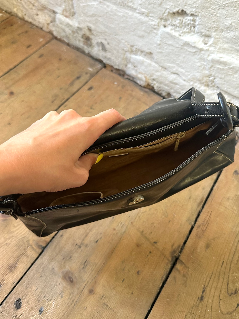 Thumbnail: 00s Oroton Buckle Detail Flap Over Black Leather Bag with White Stitch Detail
