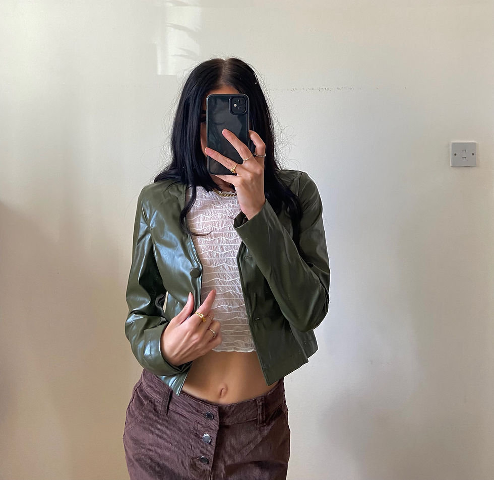 Thumbnail: Y2K Style Khaki Green Faux Leather Cropped Jacket with Fur Collar
