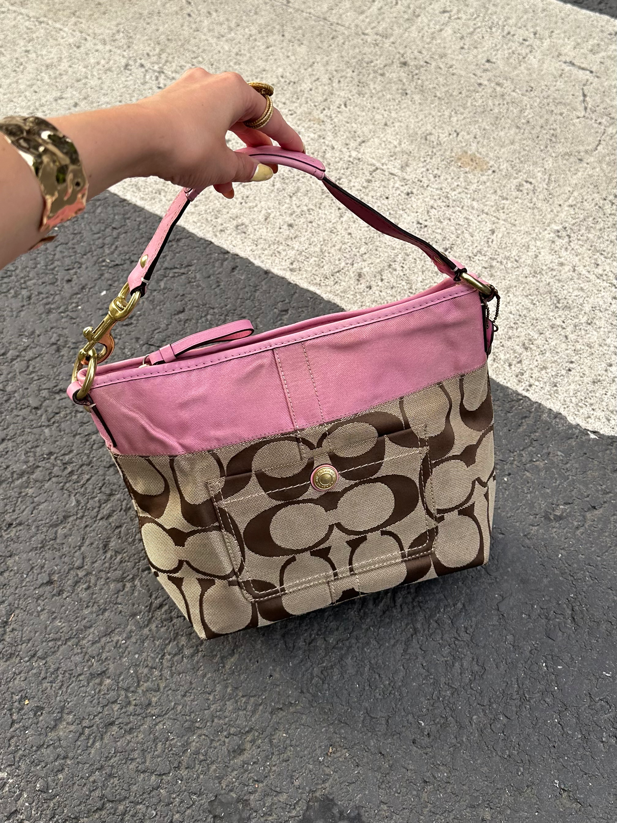 00s Signature Coach Monogram Brown & Pink Canvas Shoulder Bag Handbag