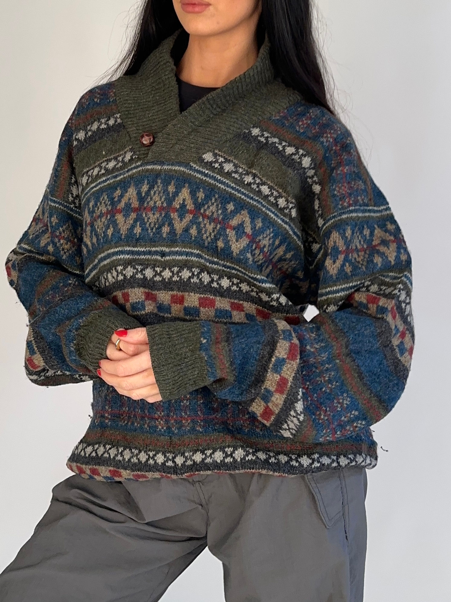 Unisex McNeal Dark Green & Navy Fairisle Shawl Neck Jumper