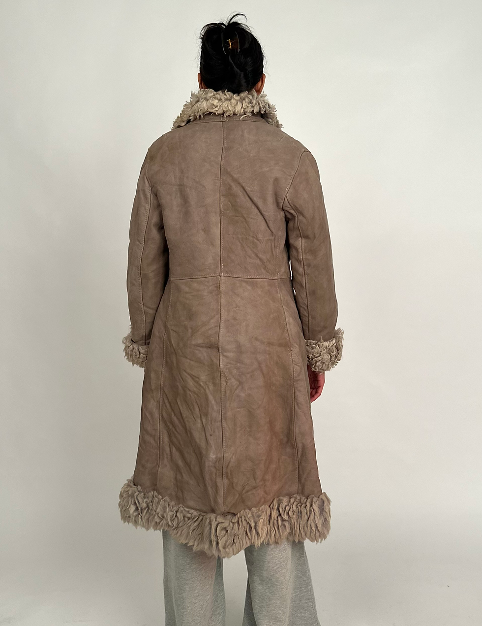Thumbnail: 90s Grey Brown Faux Fur Trim Suede Afghan Long Coat