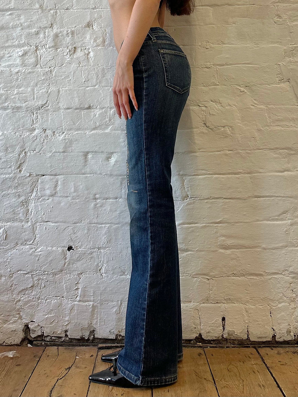 Miniature : 00s Dark Denim Bleached Embellished Low Rise Flare Jeans