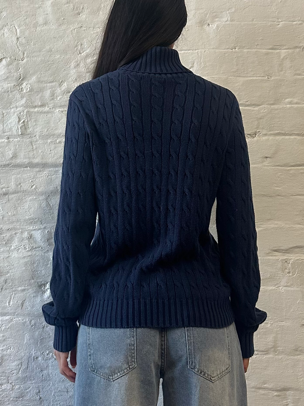Thumbnail: Ralph Lauren Sport Embroidered Red Logo Navy Cable Knit Turtleneck Jumper