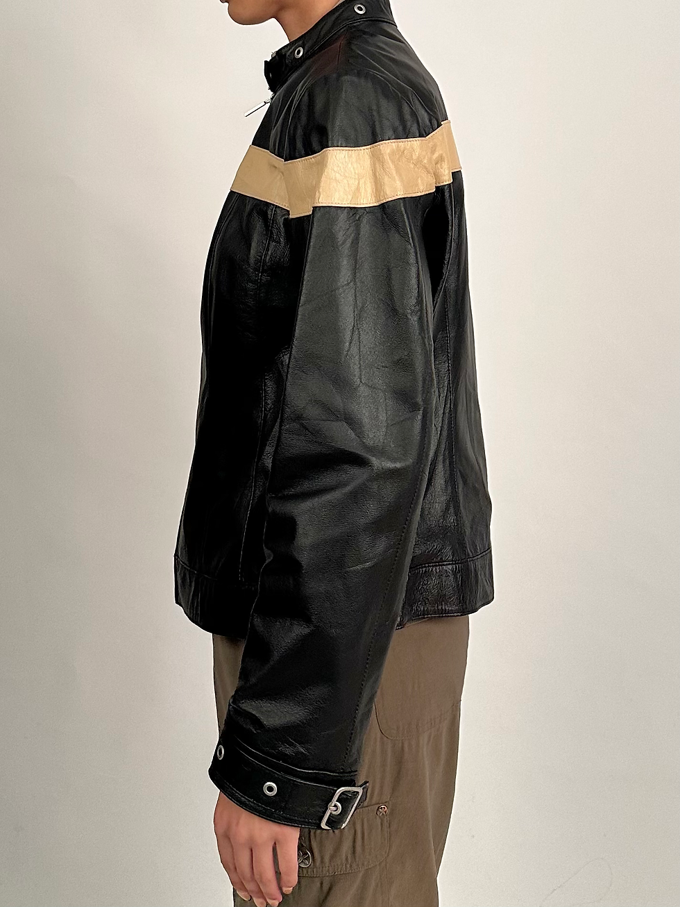 Miniatyrbild: Bradley Bayou 90s Black & Beige Genuine Leather Biker Jacket