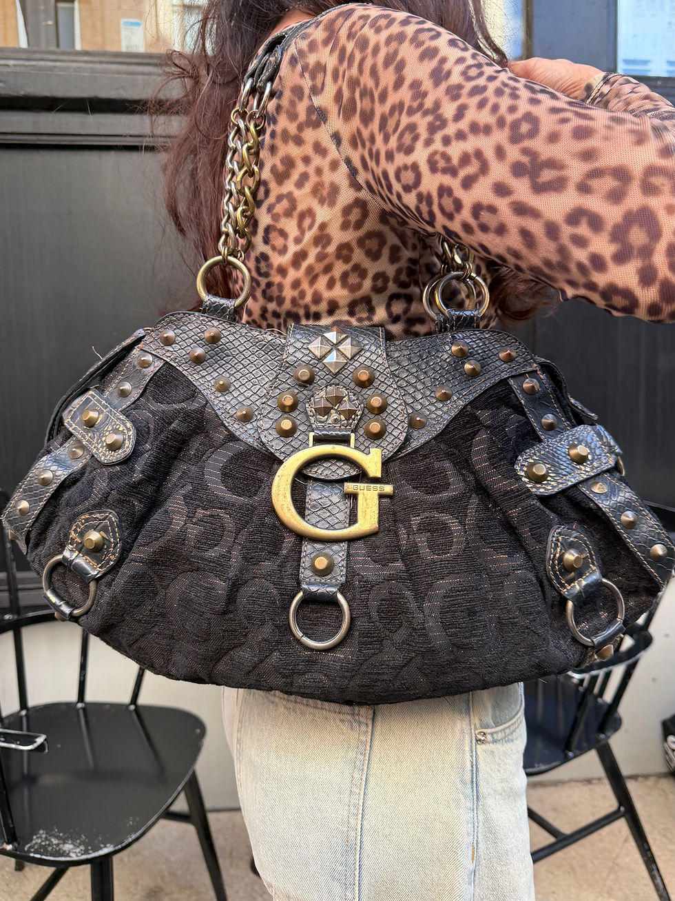 Miniature : Vintage Y2K Guess Brown Monogram Studded Faux Croc Shoulder Bag – 00s