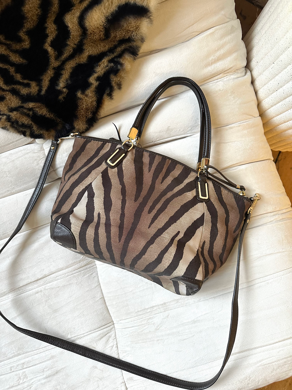 Miniatura: Coach Madison Kelsey Zebra Print Brown Canvas & Leather Crossbody Shoulder Bag