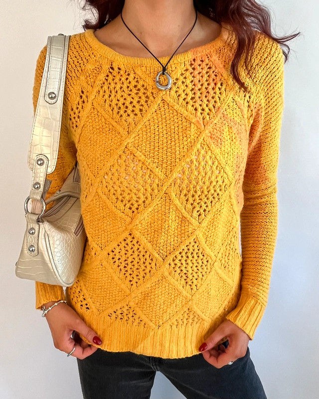 Thumbnail: 00s American Eagle Outfitters Mustard & Orange Tie Dye Crochet Knit Jumper