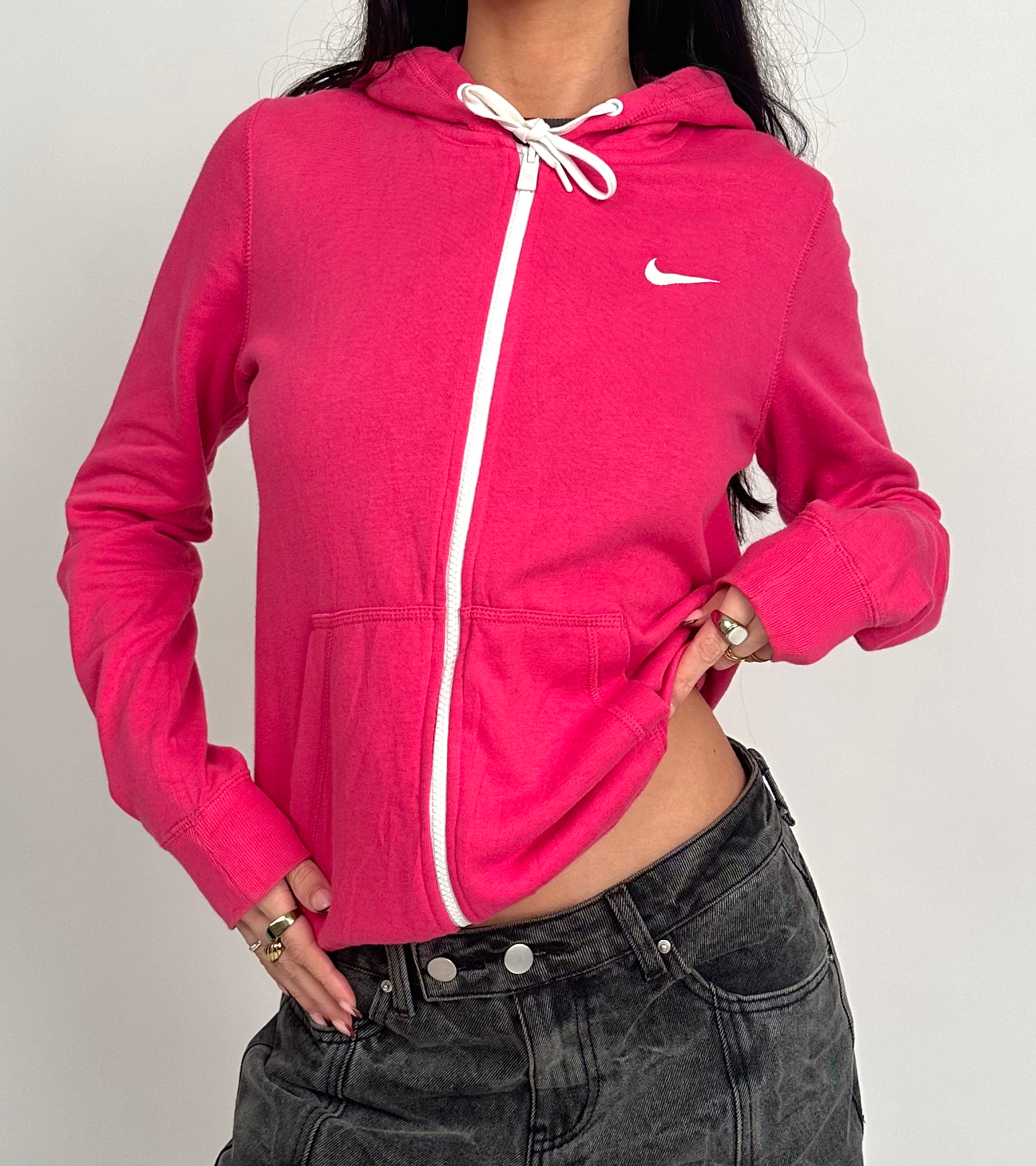 00s Nike Pink & White Zip-Up Drawstring Hoodie with Embroidered Swoosh Logo