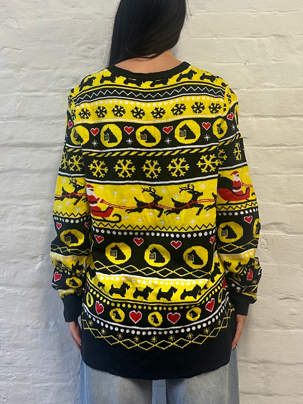 Miniatyrbild: 90s Yellow & Nectar Dog, Santa, Reindeers & Snowflakes Knit Christmas Jumper