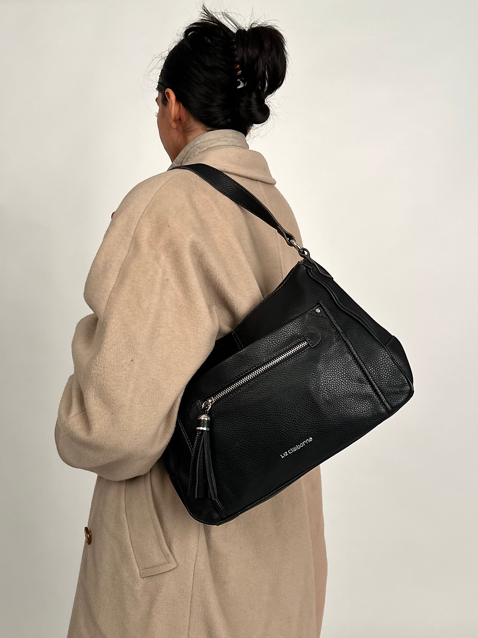 Miniature : Liz Claiborne Black Faux Leather Shoulder Bag with Tassle Zip