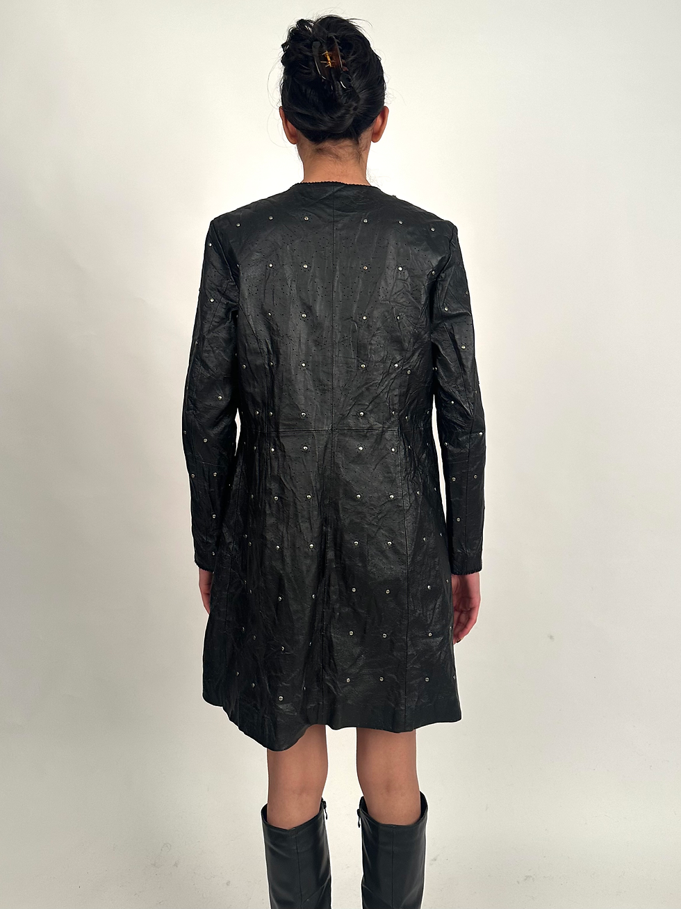 Miniatyrbild: Pamela McCoy Black Genuine Leather & Stud Detailing Smart Long Leather Jacket