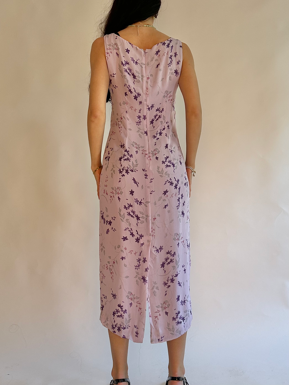 ภาพขนาดย่อ: 00s Casual Corner Lilac Purple Floral Mesh Flowy Midi Dress