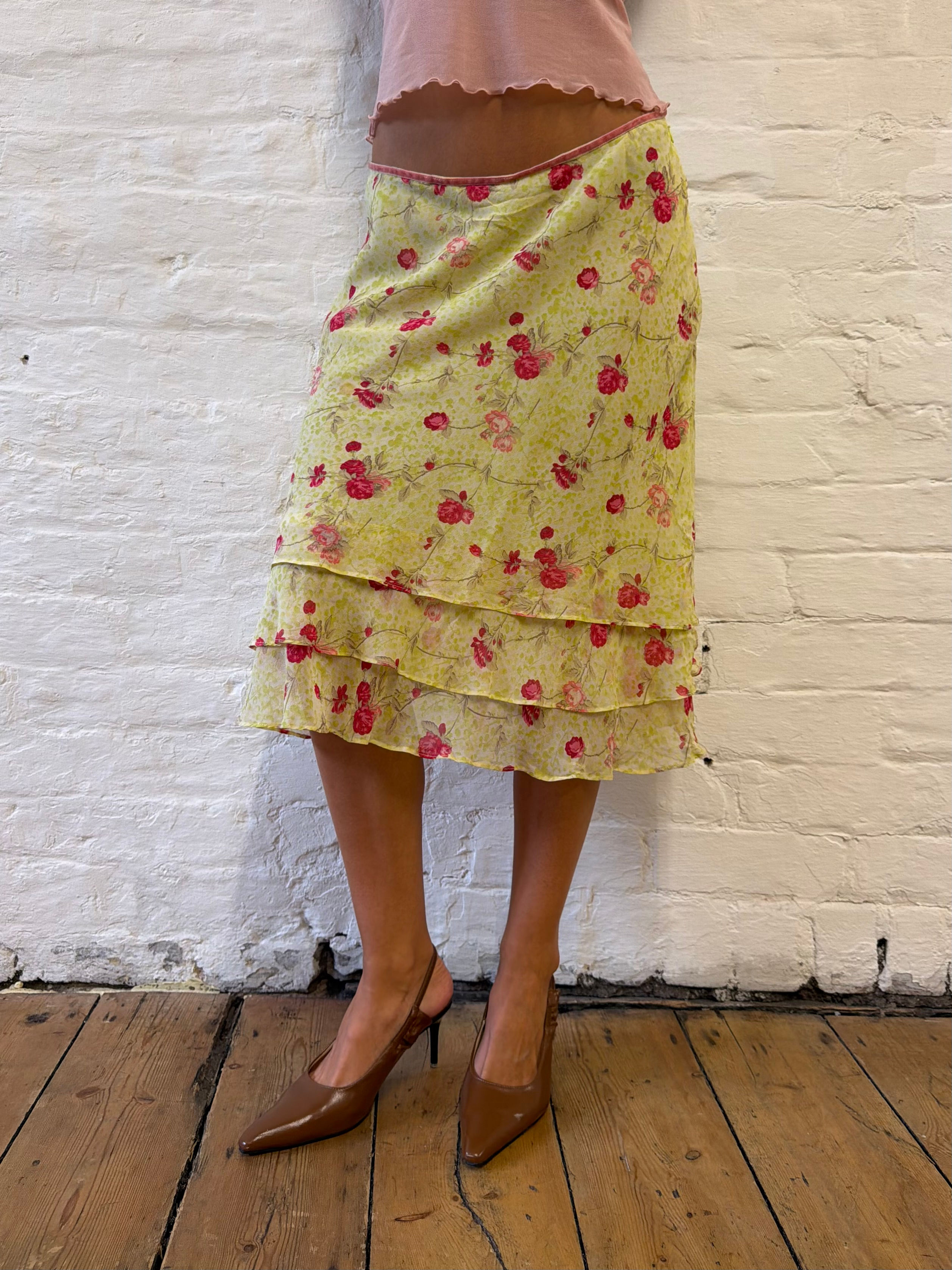 Vintage Ann Taylor Green & Pink Floral Mesh Layered Low Rise Midi Skirt UK 8