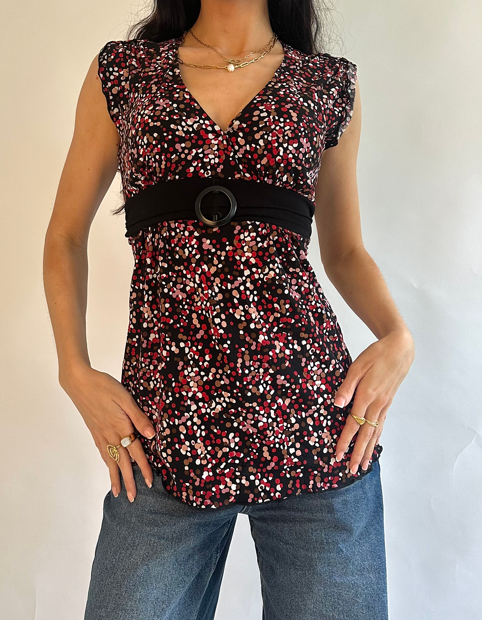 Miniature : 00s Volume One Black, Red & White Spot Print V Neck Blouse with Black Belt