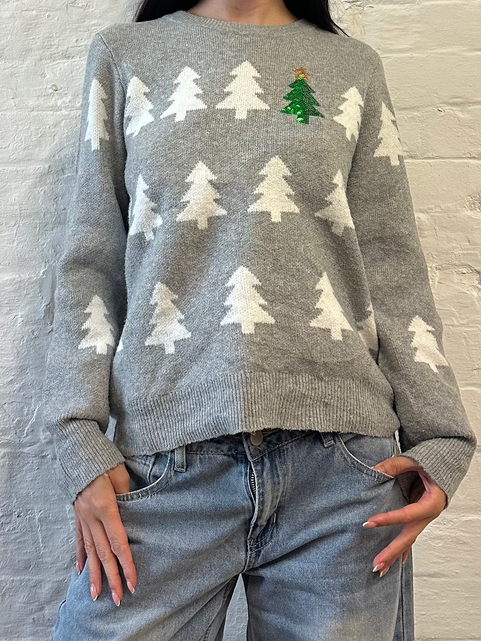 Miniatura: Holiday Time Grey & White Christmas Tree Knit Crewneck Christmas Jumper