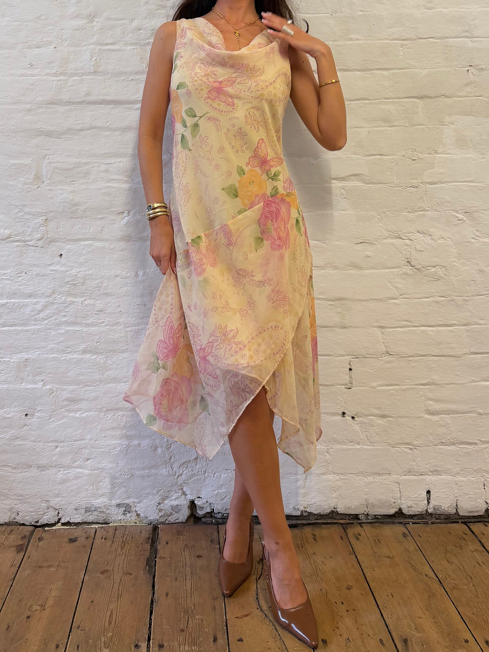 Miniaturbild: Vintage Giorgio Fiorlini Y2K Floral Yellow & Pink Mesh Cowl Neck Midi Dress UK 8