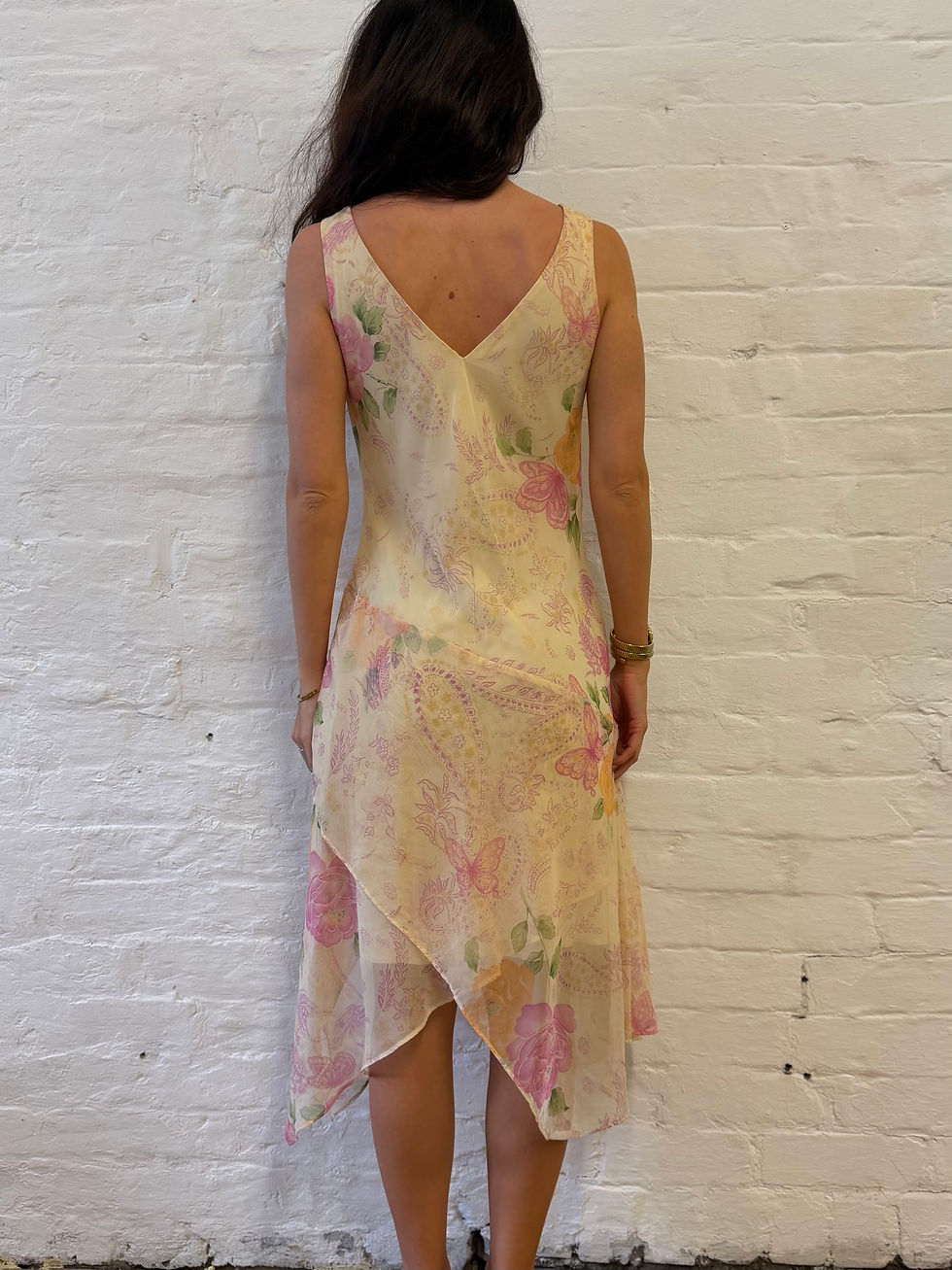 Miniature : Vintage Giorgio Fiorlini Y2K Floral Yellow & Pink Mesh Cowl Neck Midi Dress UK 8