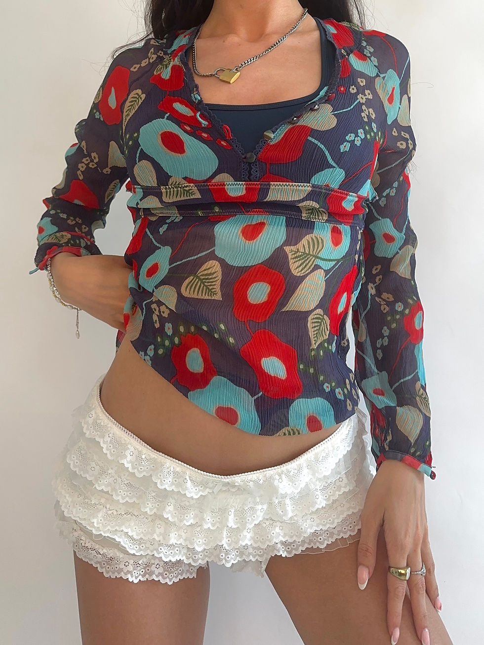 Thumbnail: 00s Pepe Jeans Floral Red & Blue Mesh Crinkle Blouse